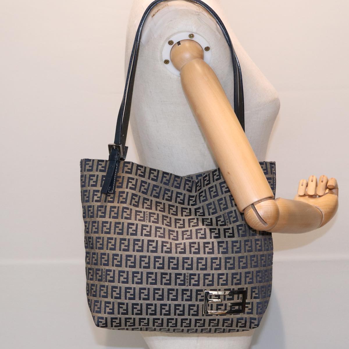 FENDI Zucchino Canvas Tote Bag Navy Auth ac3137