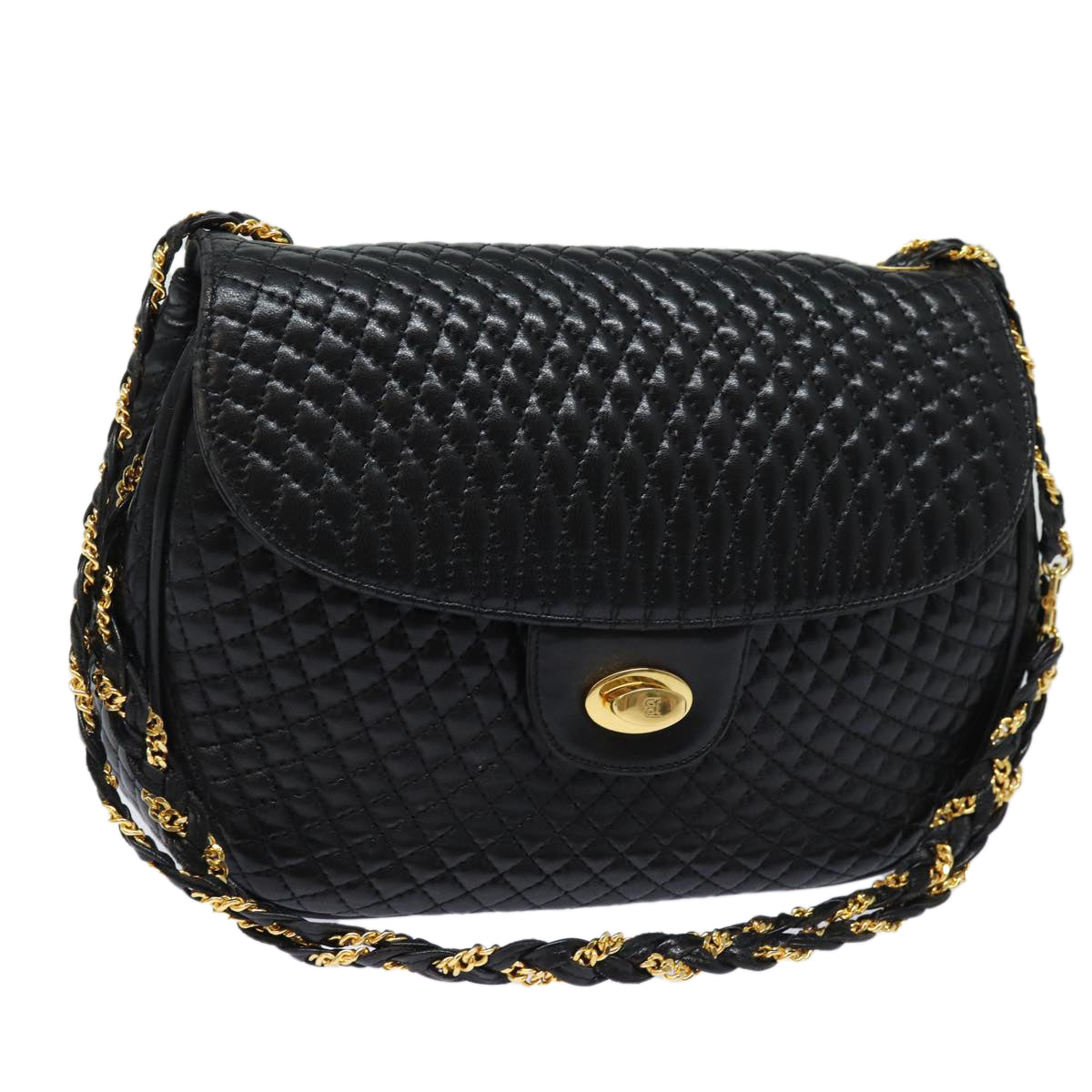 BALLY Quilted Chain Shoulder Bag Leather Black Auth ac3144