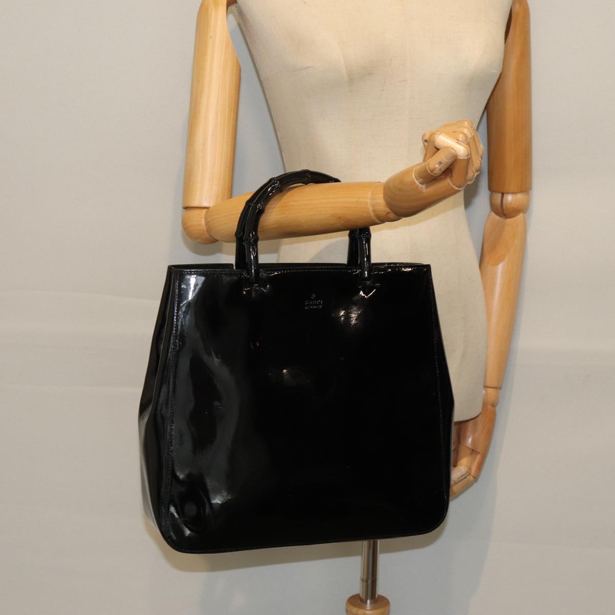 GUCCI Bamboo Hand Bag Patent leather Black Auth ac3146