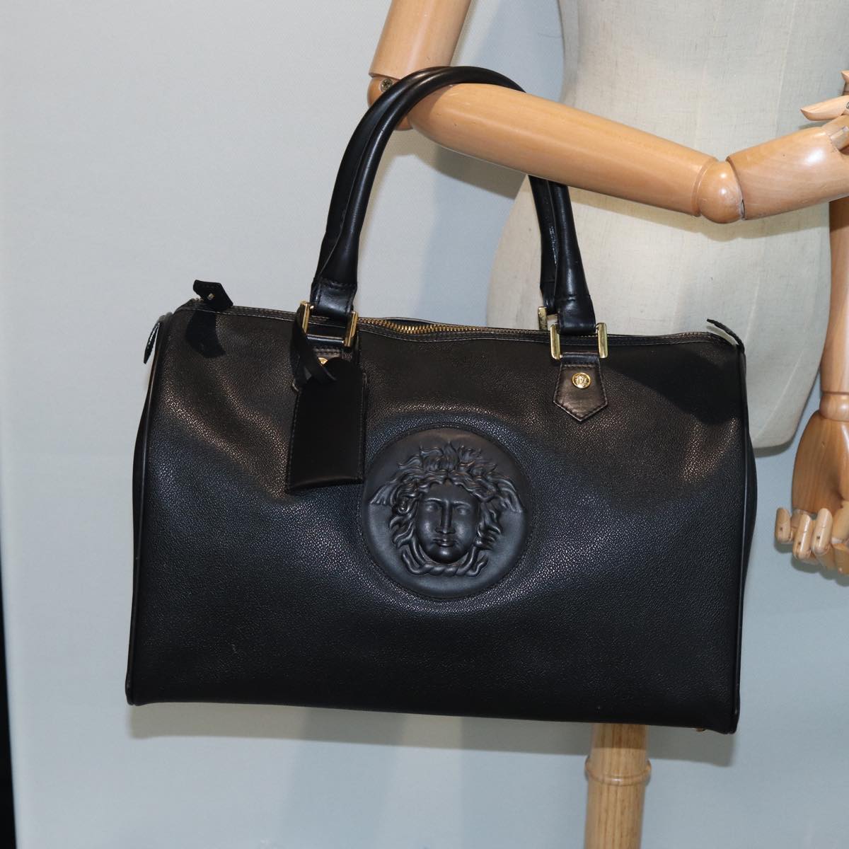 VERSACE Boston Bag Leather Black Auth ac3159