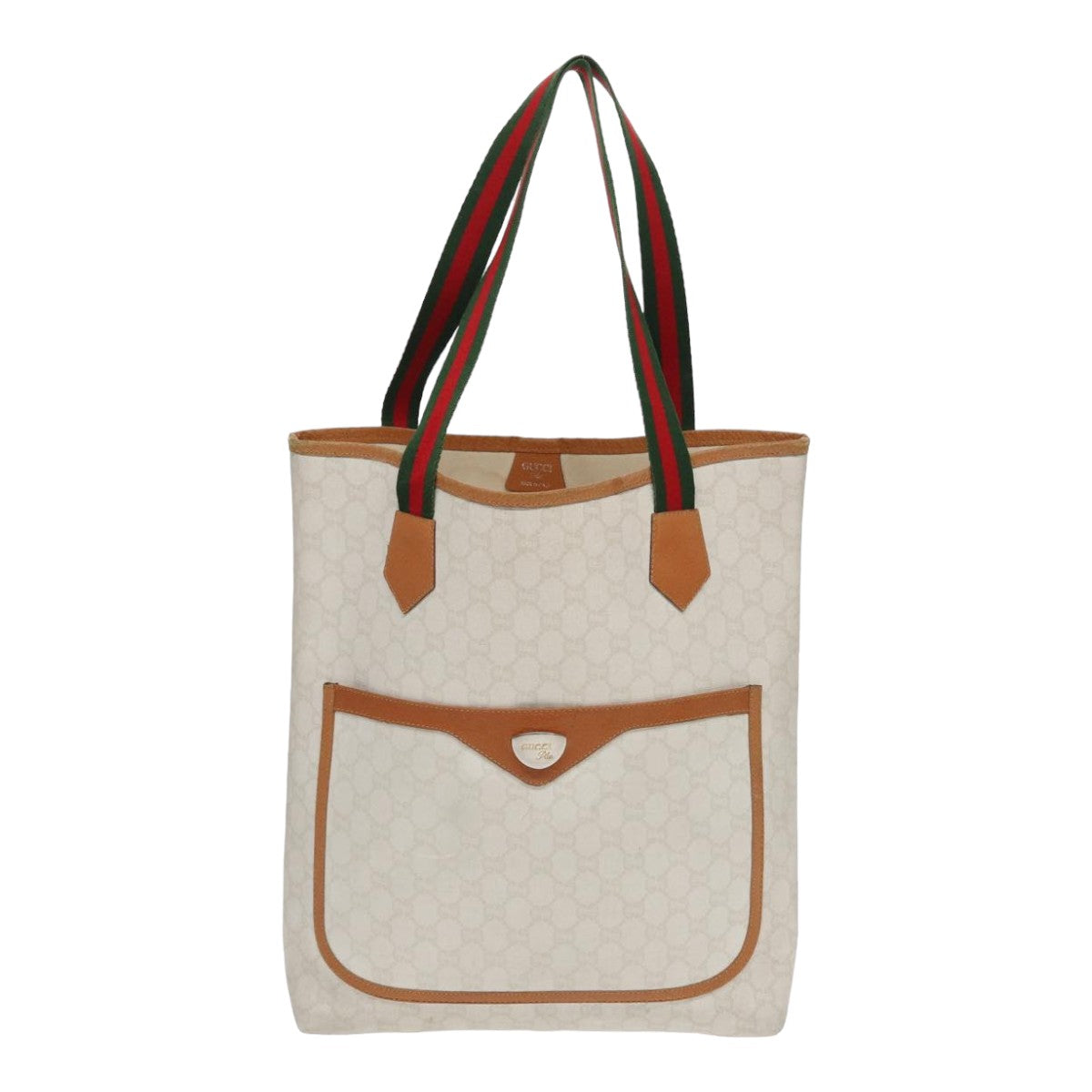 GUCCI GG Plus Supreme Web Sherry Line Tote Bag PVC Leather White Red Auth ac3160