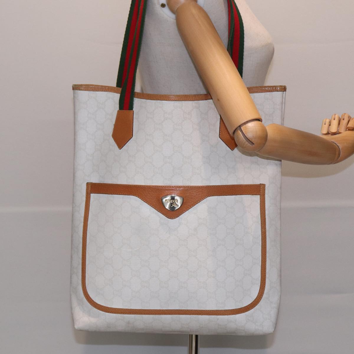 GUCCI GG Plus Supreme Web Sherry Line Tote Bag PVC Leather White Red Auth ac3160