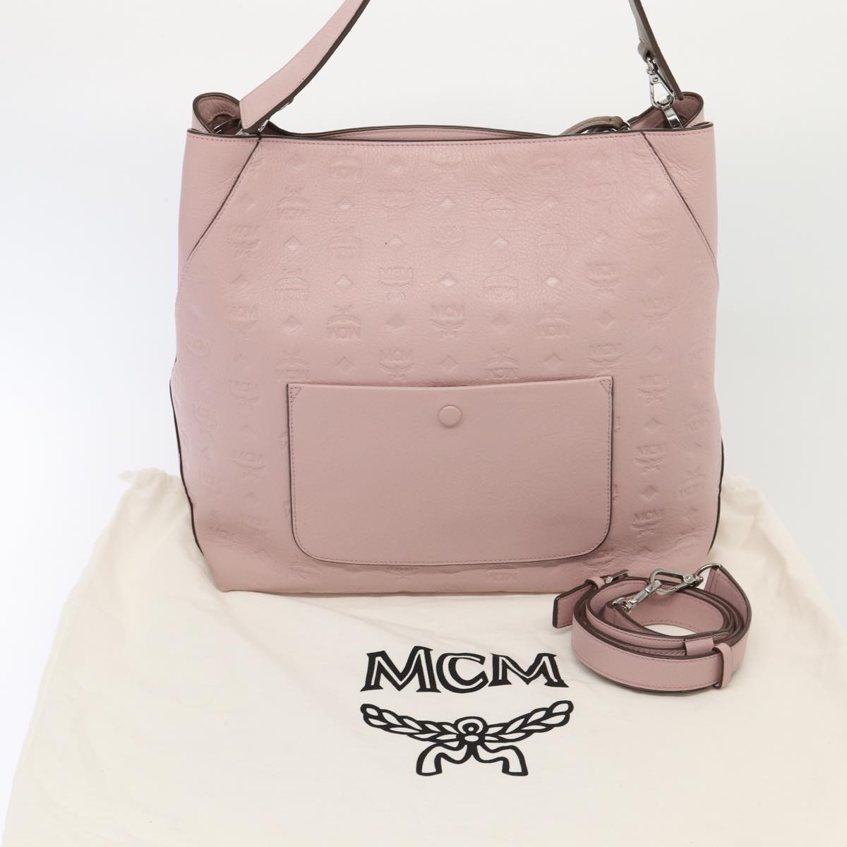 MCM Vicetos Logogram Shoulder Bag Leather 2way Pink Silver Auth ac3169