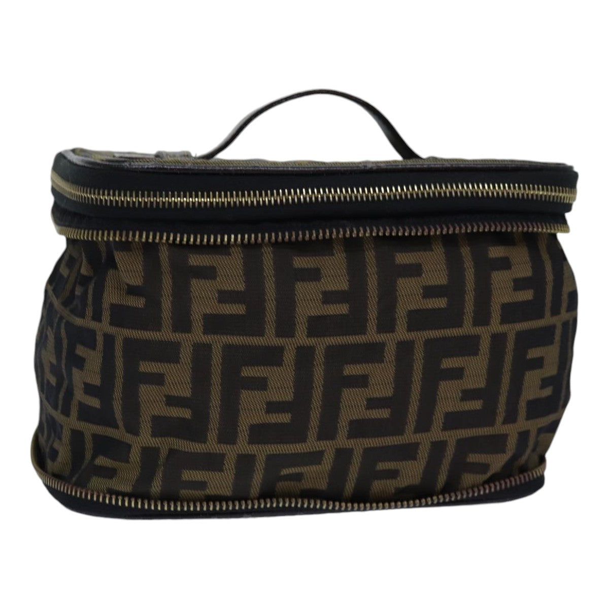 FENDI Zucca Canvas Vanity Pouch Brown Black gold Auth ac3179