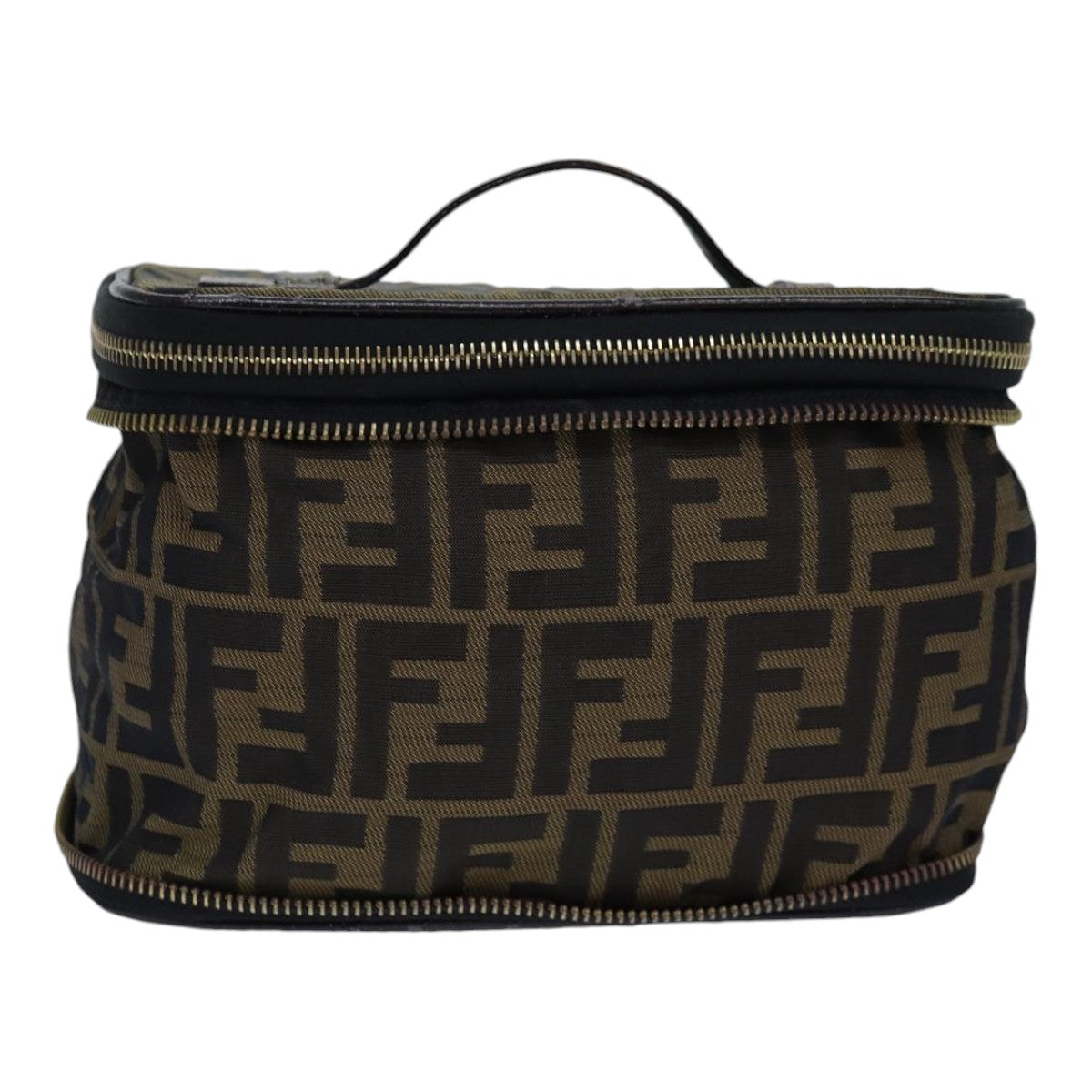 FENDI Zucca Canvas Vanity Pouch Brown Black gold Auth ac3179