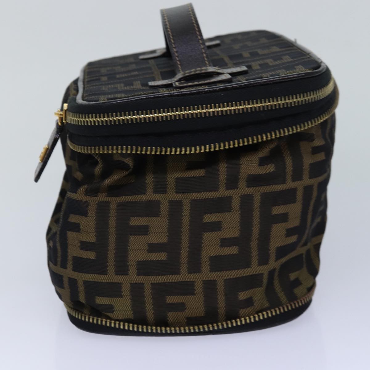 FENDI Zucca Canvas Vanity Pouch Brown Black gold Auth ac3179