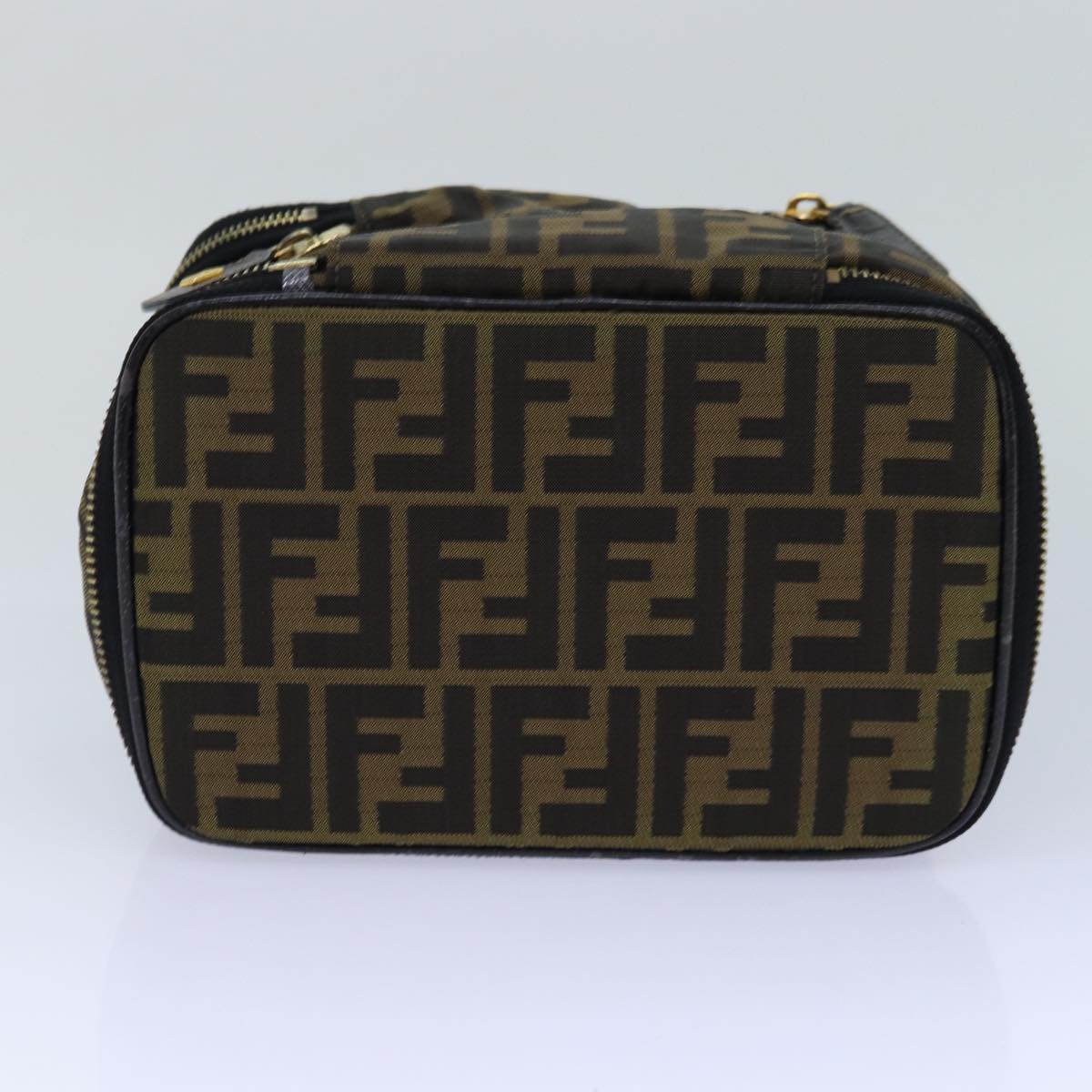 FENDI Zucca Canvas Vanity Pouch Brown Black gold Auth ac3179