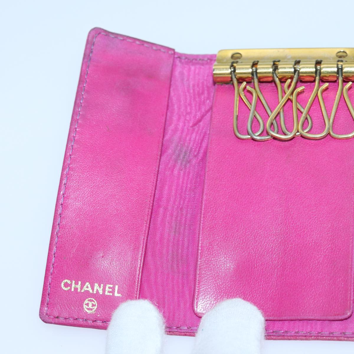 CHANEL Key Case Caviar Skin Pink Gold CC Auth ac3181