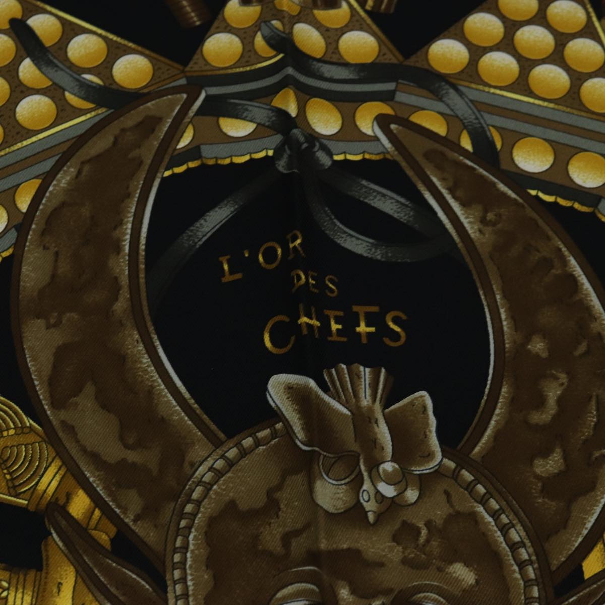 HERMES Carre 90 Scarf ""L'OR DES CHEFS"" Silk Black Yellow Auth ac3185