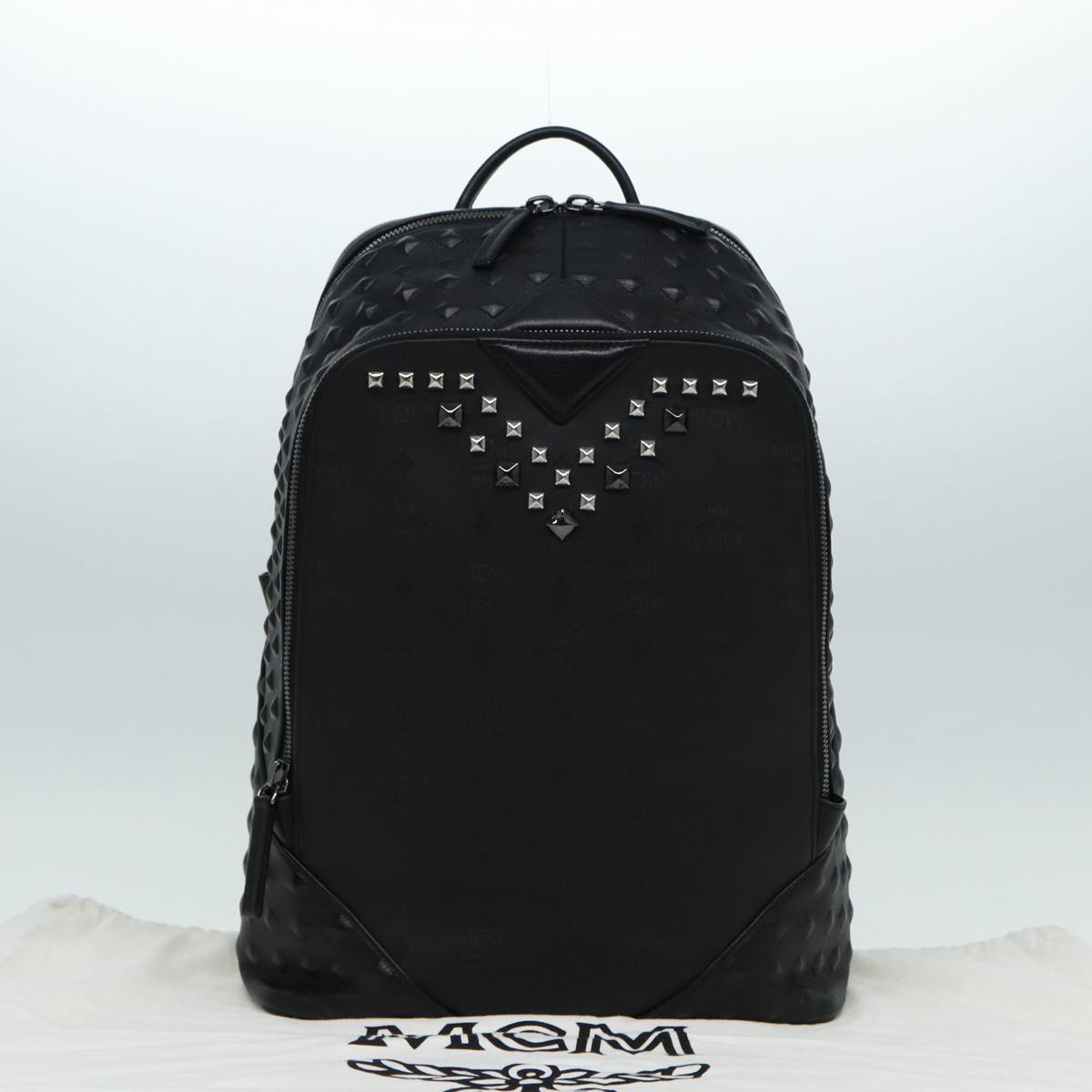 MCM Vicetos Logogram Studs Backpack PVC Black Auth ac3197