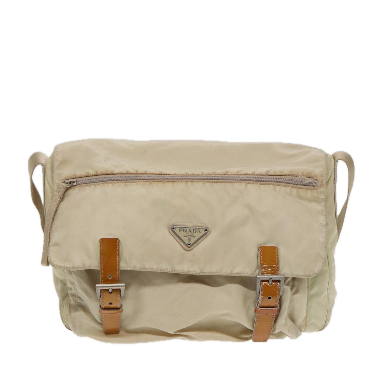 PRADA Shoulder Bag Nylon Cream Silver Auth ac3204