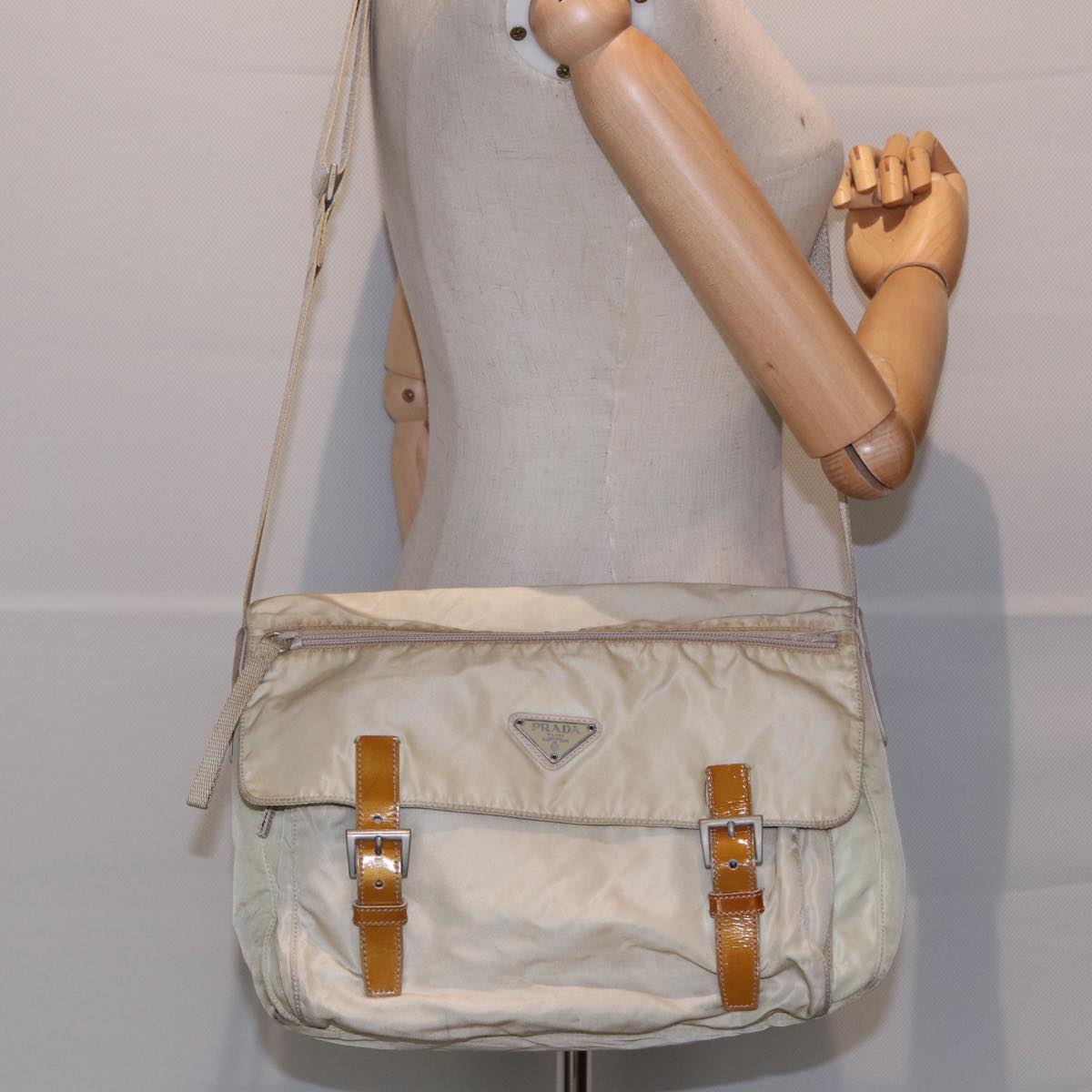 PRADA Shoulder Bag Nylon Cream Silver Auth ac3204