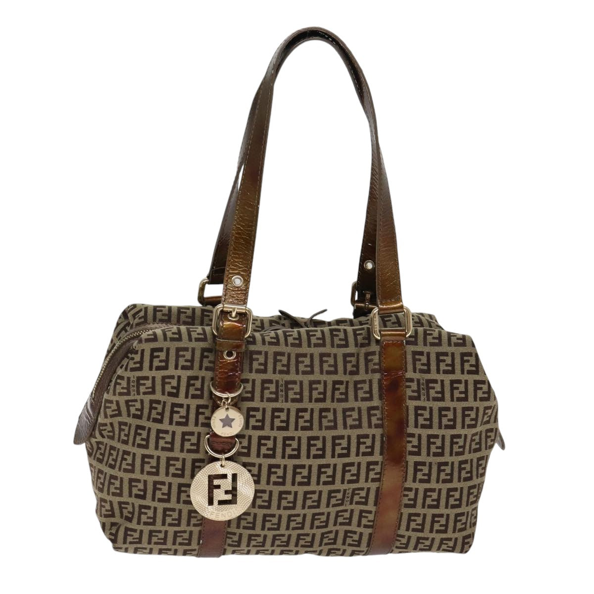 FENDI Zucchino Canvas Shoulder Bag Beige Gold Auth ac3210