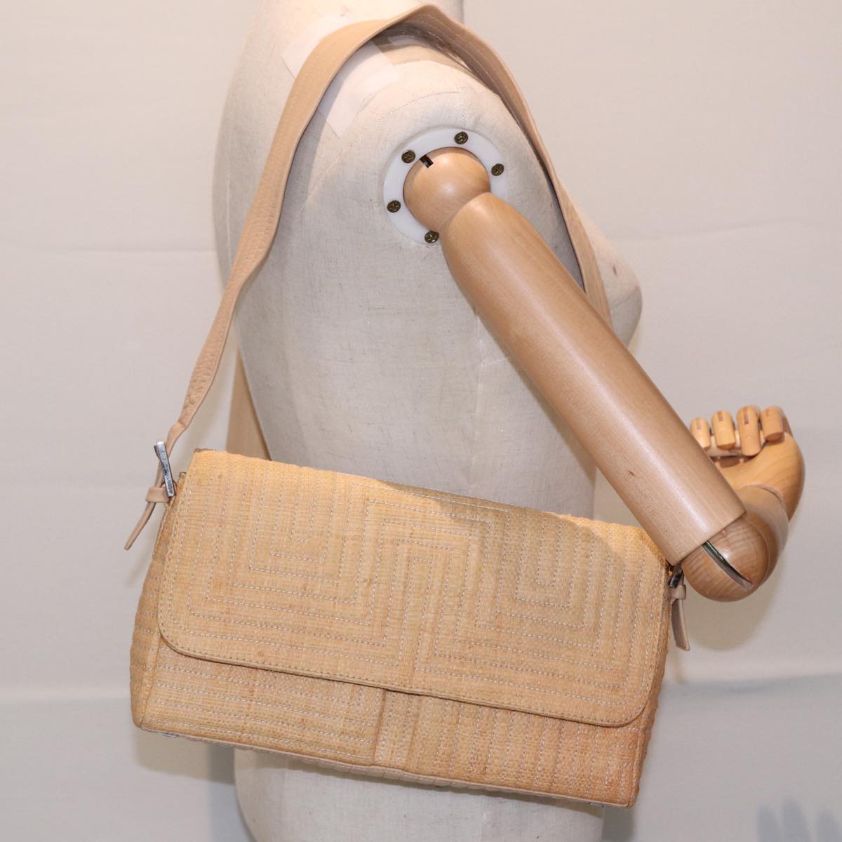 BALLY Shoulder Bag Straw Beige Silver Auth ac3221