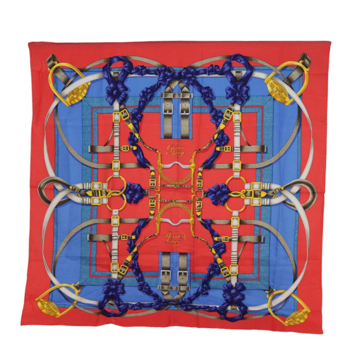 HERMES Carre 90 Scarf GRAND MANEGE Silk Red Blue Auth ac3229