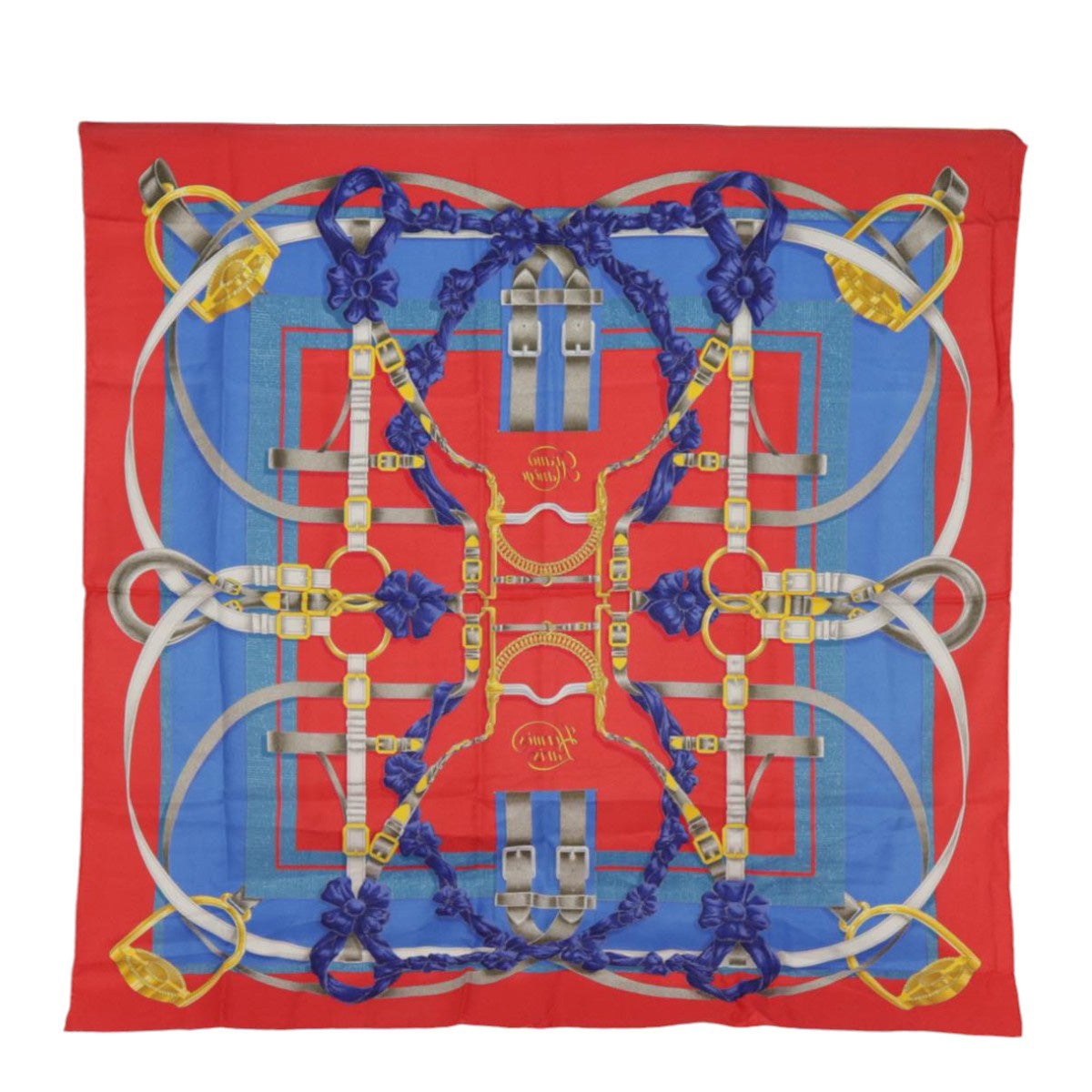 HERMES Carre 90 Scarf GRAND MANEGE Silk Red Blue Auth ac3229