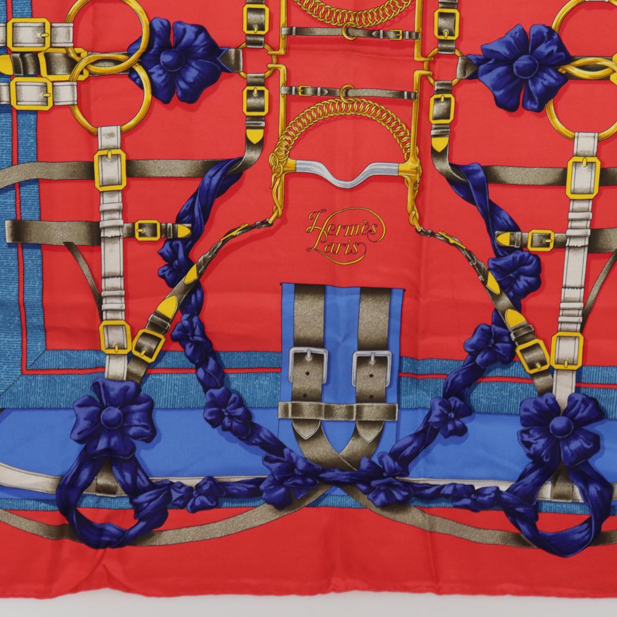 HERMES Carre 90 Scarf GRAND MANEGE Silk Red Blue Auth ac3229