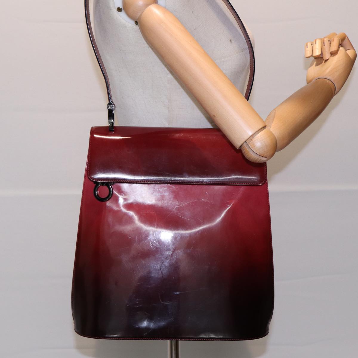 Salvatore Ferragamo Shoulder Bag Patent leather Silver Red Auth ac3242