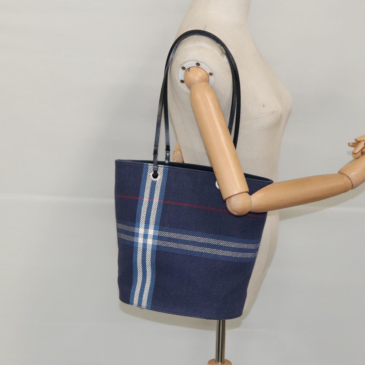 BURBERRY Nova Check Tote Bag Canvas Navy Silver Auth ac3310