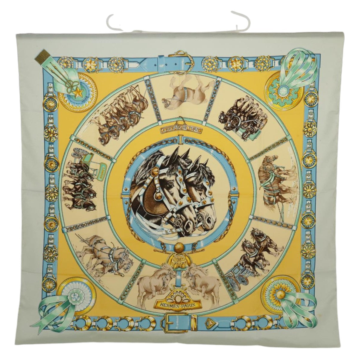 HERMES Carre 90 Scarf ""CHEVAIIX DE TRAIT"" Silk Blue Yellow Brown Auth ac3319