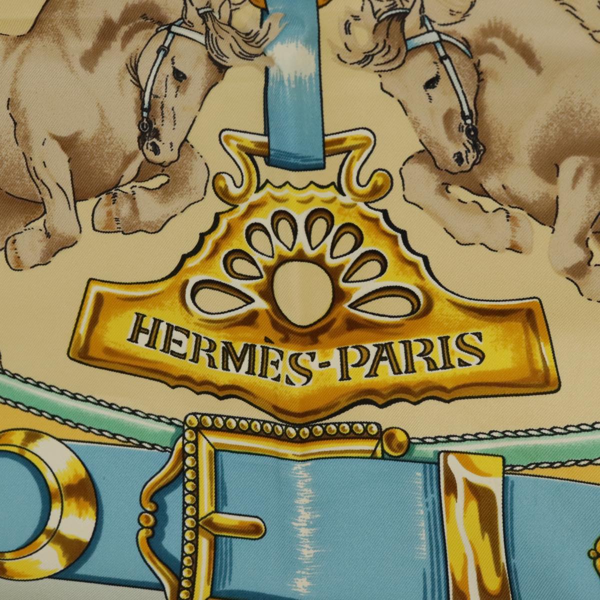 HERMES Carre 90 Scarf ""CHEVAIIX DE TRAIT"" Silk Blue Yellow Brown Auth ac3319