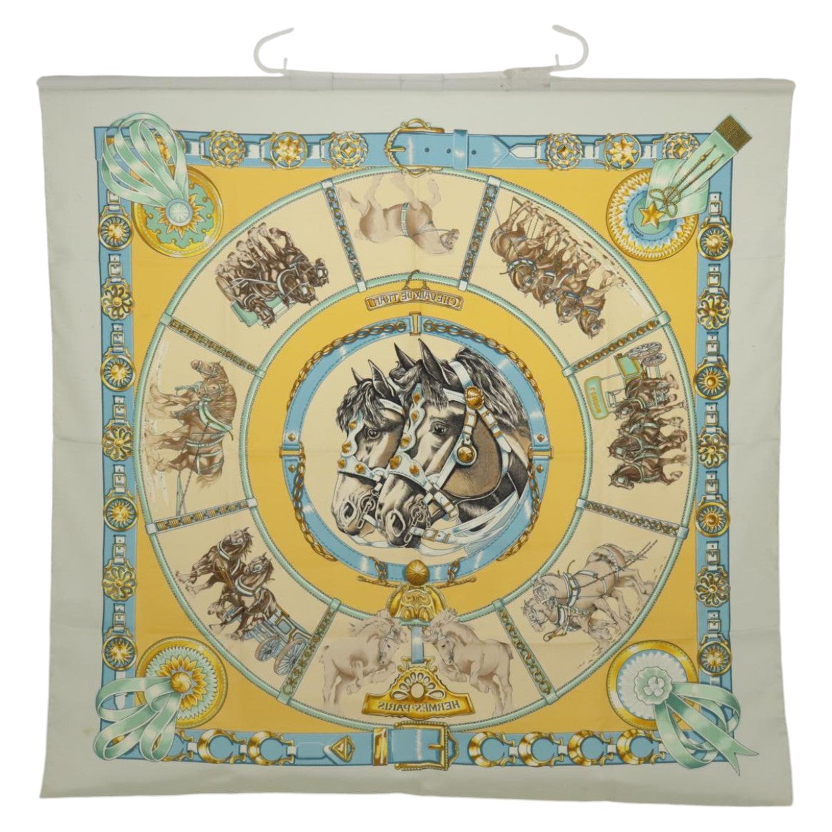 HERMES Carre 90 Scarf ""CHEVAIIX DE TRAIT"" Silk Blue Yellow Brown Auth ac3319 - 0