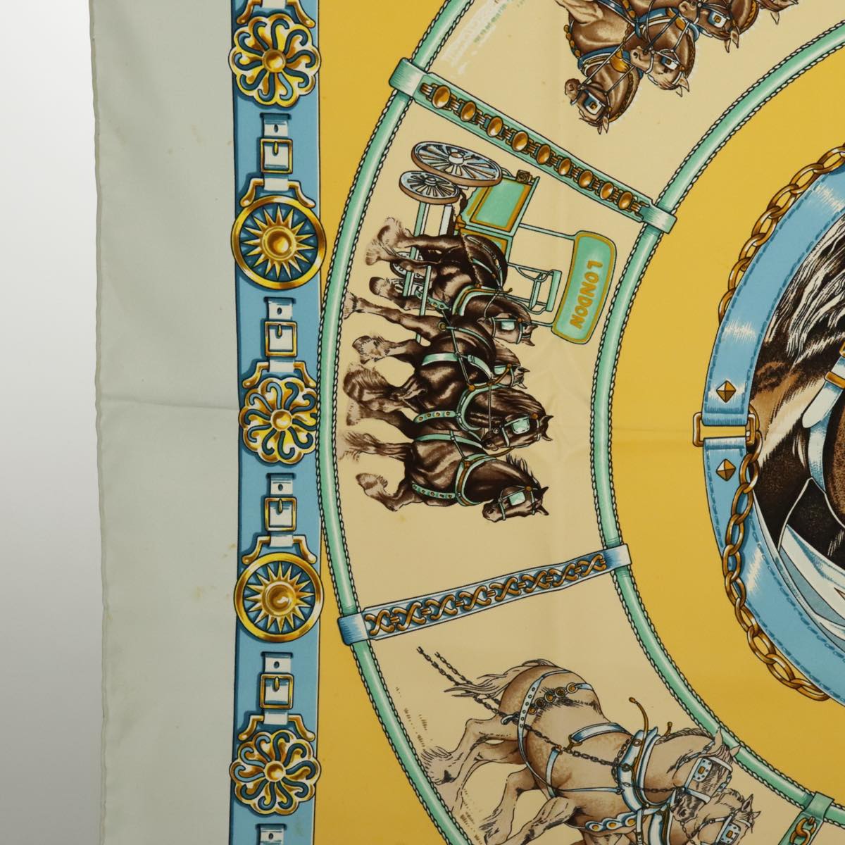 HERMES Carre 90 Scarf ""CHEVAIIX DE TRAIT"" Silk Blue Yellow Brown Auth ac3319