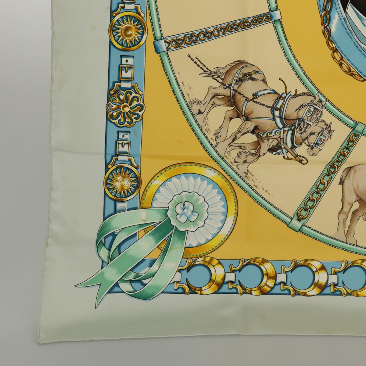 HERMES Carre 90 Scarf ""CHEVAIIX DE TRAIT"" Silk Blue Yellow Brown Auth ac3319