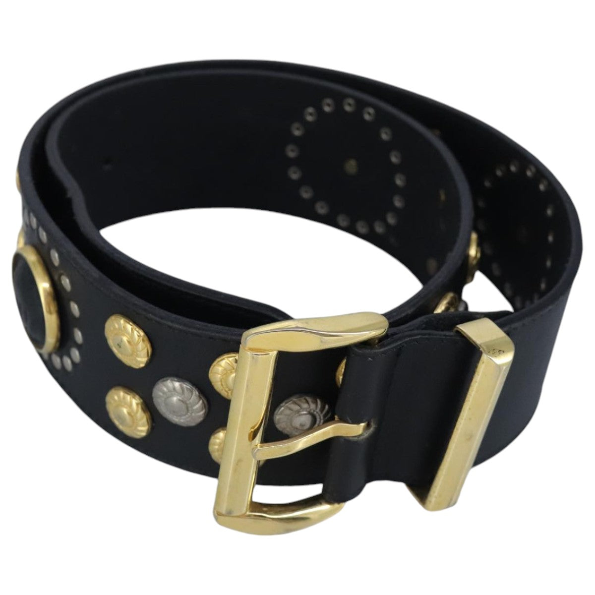 Gianni Versace Belt Leather metal 9.8"" Black Gold Silver Auth ac3322