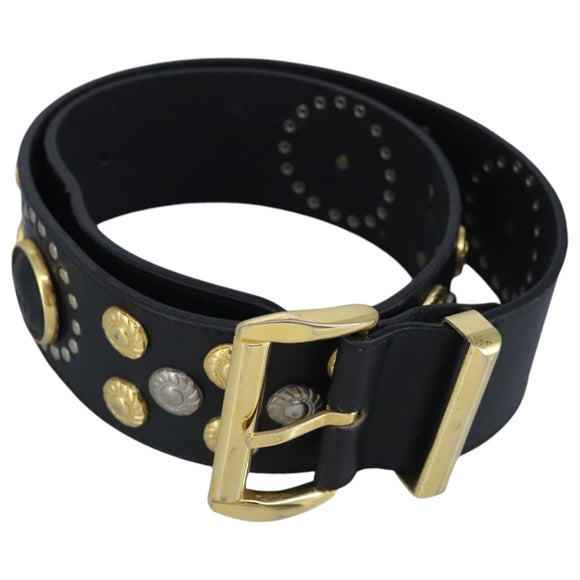 Gianni Versace Belt Leather metal 9.8"""""""" Black Gold Silver Auth ac3322