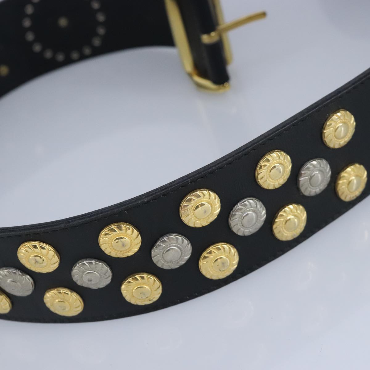 Gianni Versace Belt Leather metal 9.8"" Black Gold Silver Auth ac3322