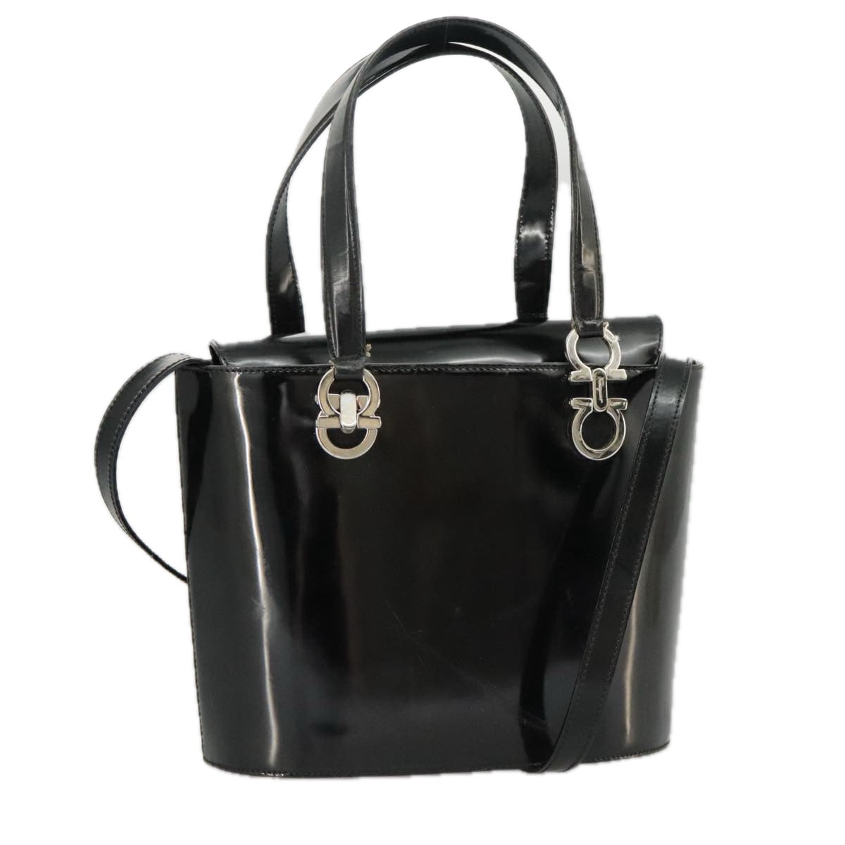 Salvatore Ferragamo Hand Bag Patent leather 2way Black Silver Auth ac3327