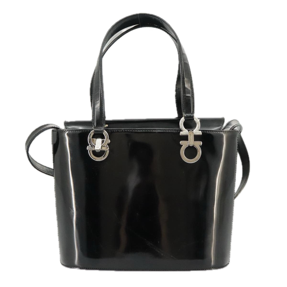 Salvatore Ferragamo Hand Bag Patent leather 2way Black Silver Auth ac3327