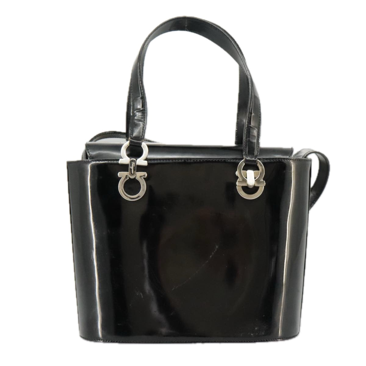 Salvatore Ferragamo Hand Bag Patent leather 2way Black Silver Auth ac3327 - 0