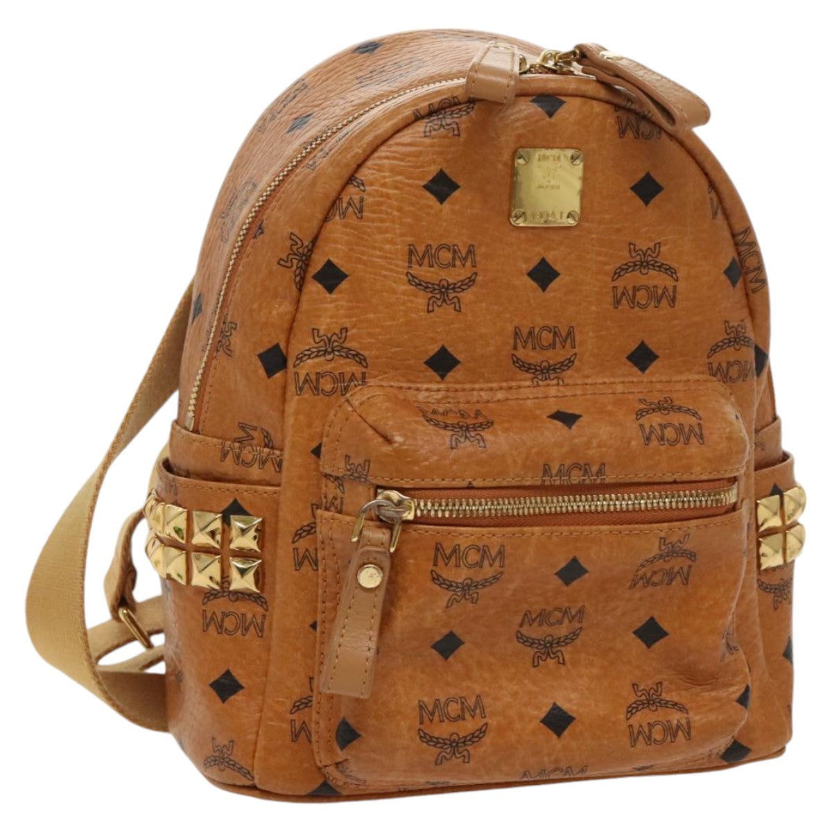 MCM Logogram Studs Vicetos Vicetos Backpack PVC Leather Brown Auth ac3328