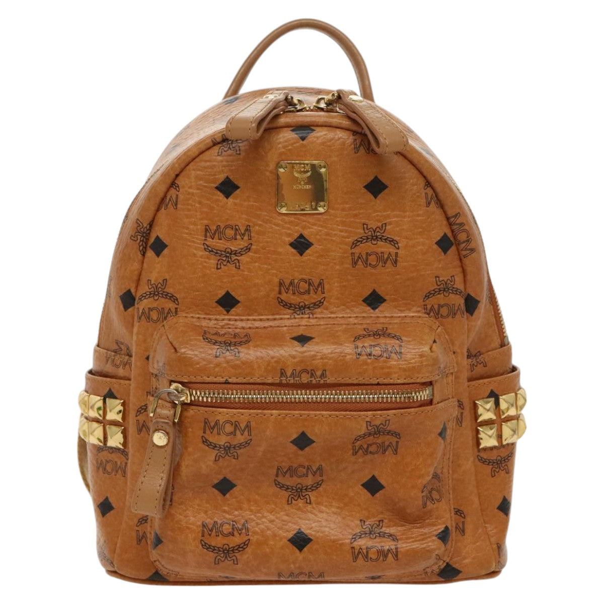 MCM Logogram Studs Vicetos Vicetos Backpack PVC Leather Brown Auth ac3328