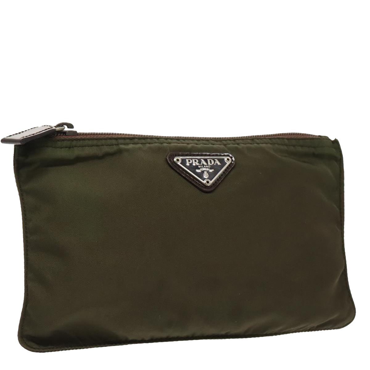 PRADA Pouch Nylon Khaki Silver Auth ac3332