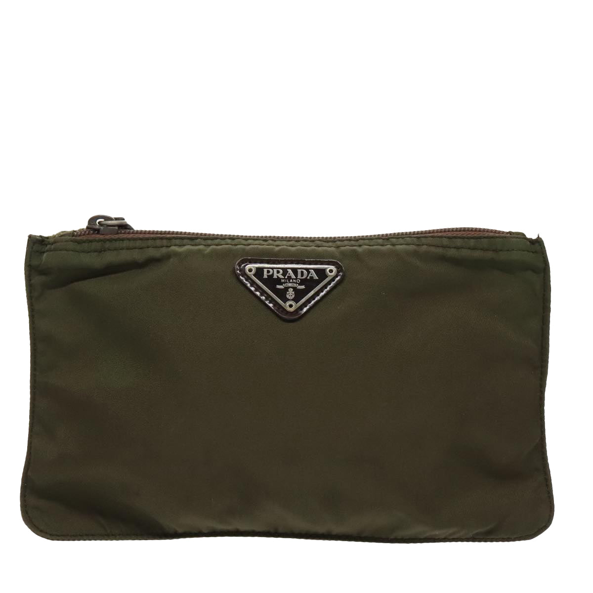 PRADA Pouch Nylon Khaki Silver Auth ac3332