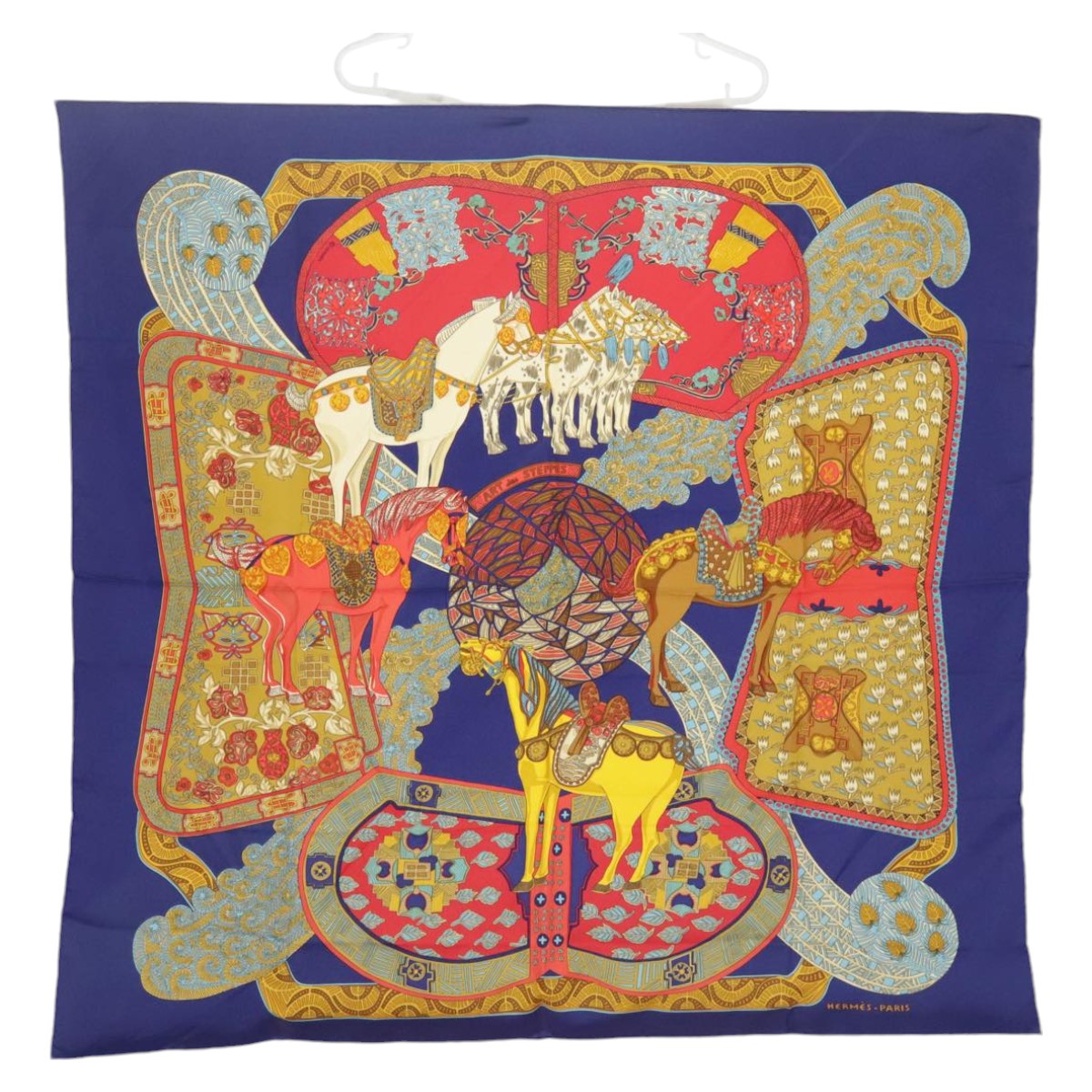 HERMES Carre 90 Scarf ""ART des STEPPES"" Silk Blue Auth ac3349