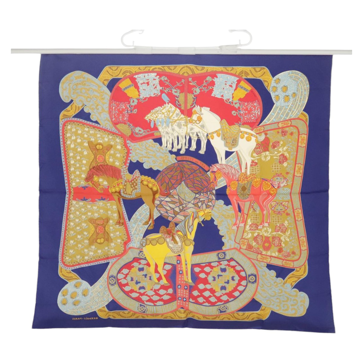 HERMES Carre 90 Scarf ""ART des STEPPES"" Silk Blue Auth ac3349 - 0