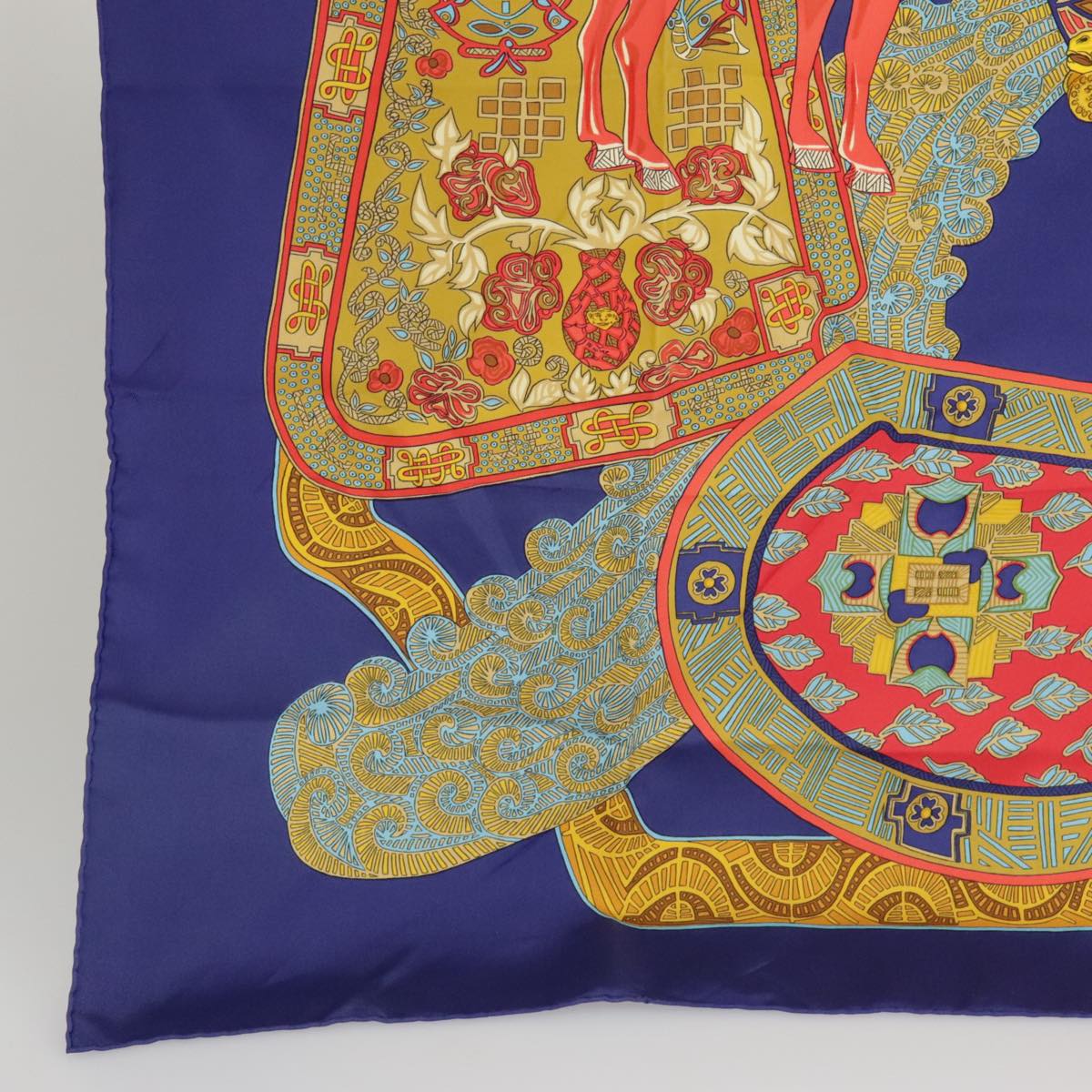 HERMES Carre 90 Scarf ""ART des STEPPES"" Silk Blue Auth ac3349