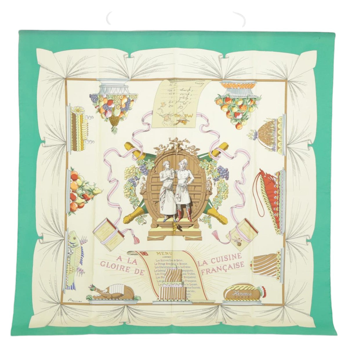 HERMES Carre 90 Scarf ""A LA GLOIRE DE LA CUISINE FRANCAISE"" Green Auth ac3350