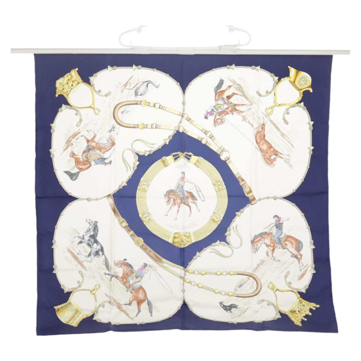 HERMES Carre 90 Scarf ""Pampa"" Silk Blue White Auth ac3351 - 0