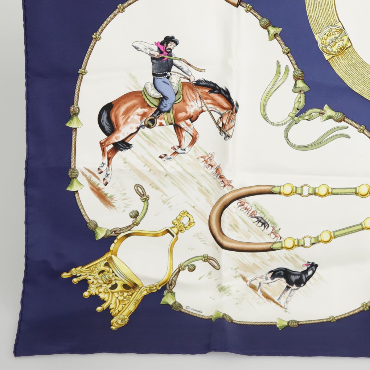 HERMES Carre 90 Scarf ""Pampa"" Silk Blue White Auth ac3351