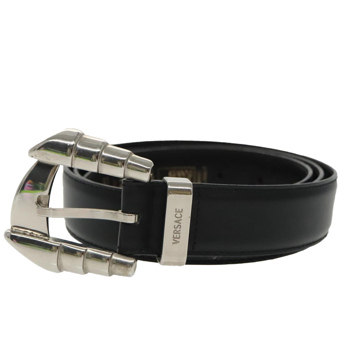 VERSACE Belt Leather Black Silver Auth ac3352