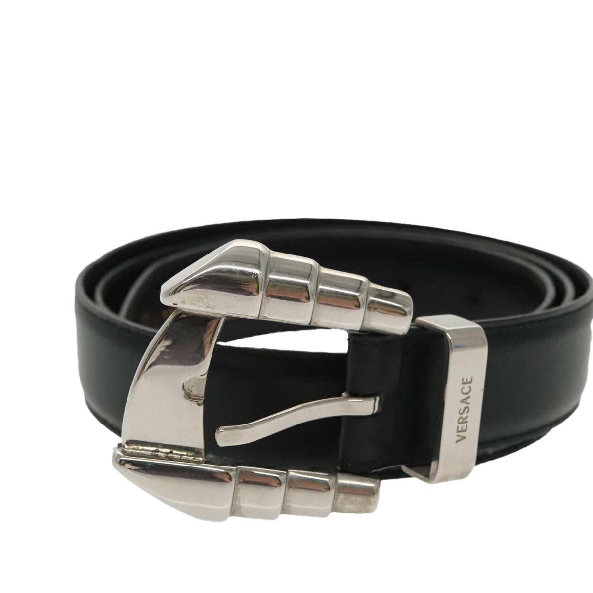 VERSACE Belt Leather Black Silver Auth ac3352 - 0