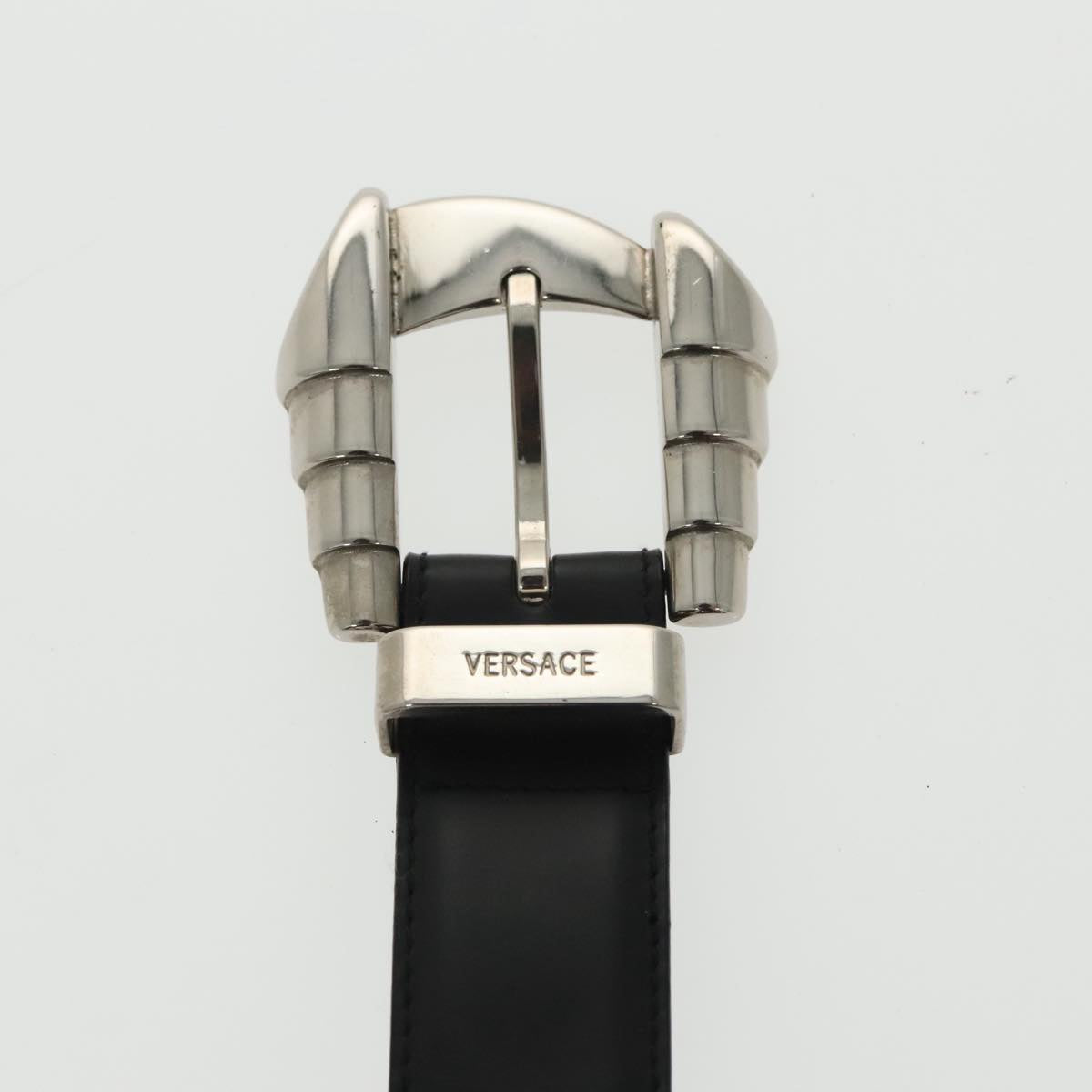 VERSACE Belt Leather Black Silver Auth ac3352