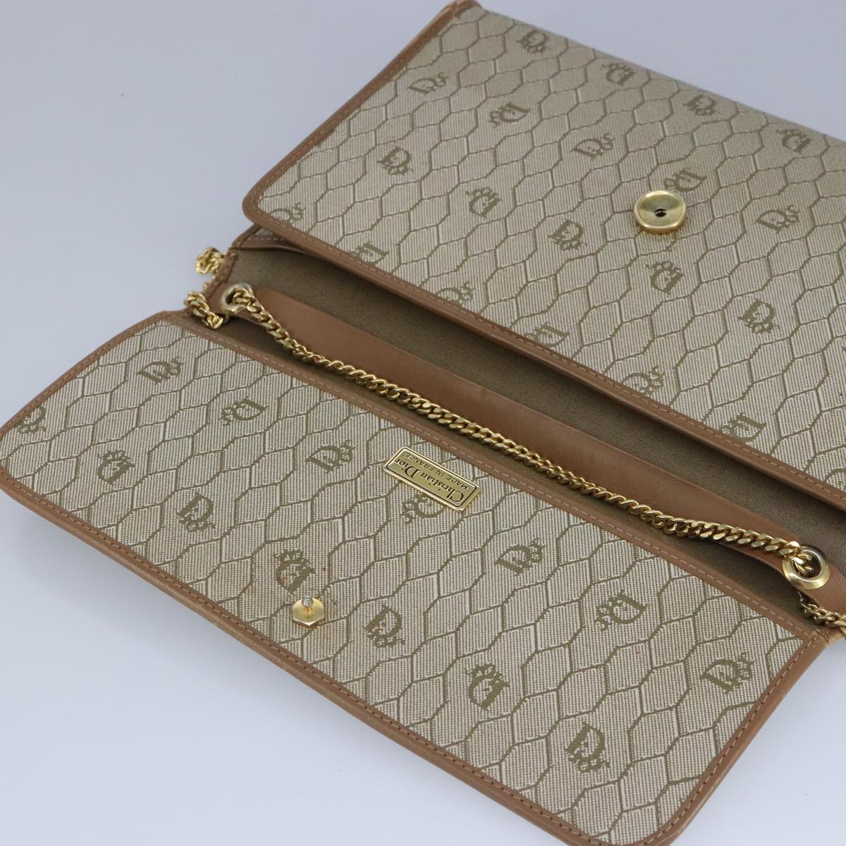 Christian Dior Honeycomb Canvas Chain Shoulder Bag PVC Beige Gold Auth ac3356