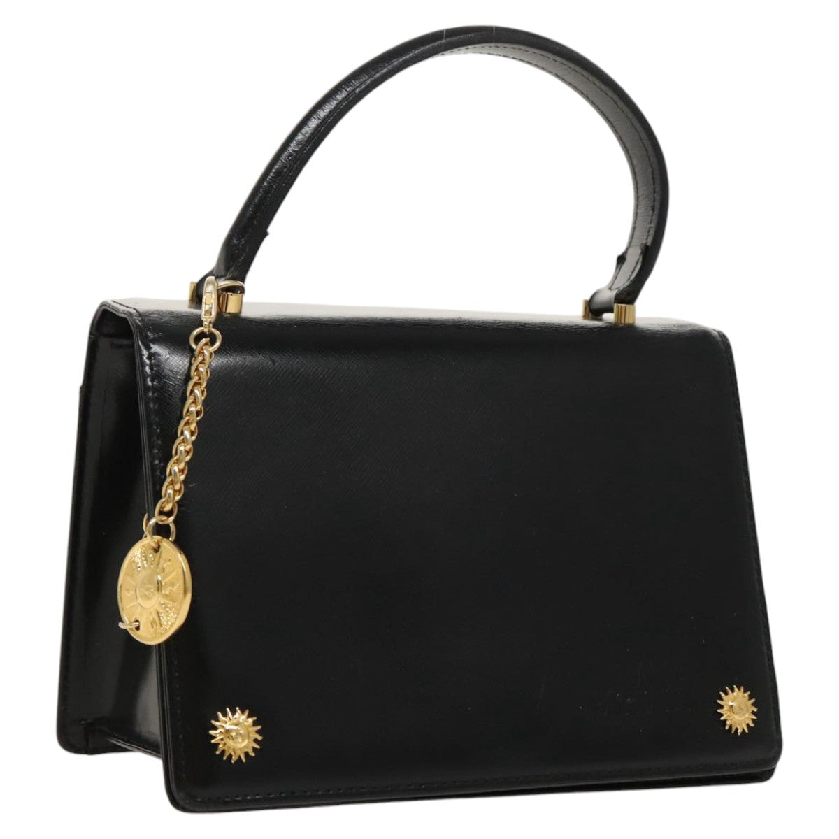 VERSACE Hand Bag Leather Black Gold Auth ac3361