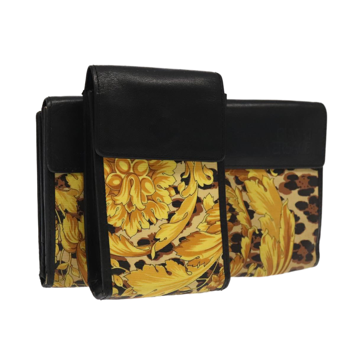 VERSACE Wallet PVC Leather 2Set Black Yellow Auth ac3374